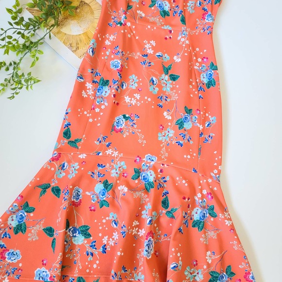 Calvin Klein Floral High Low Flounce Coral Dress 4 - Picture 9 of 10